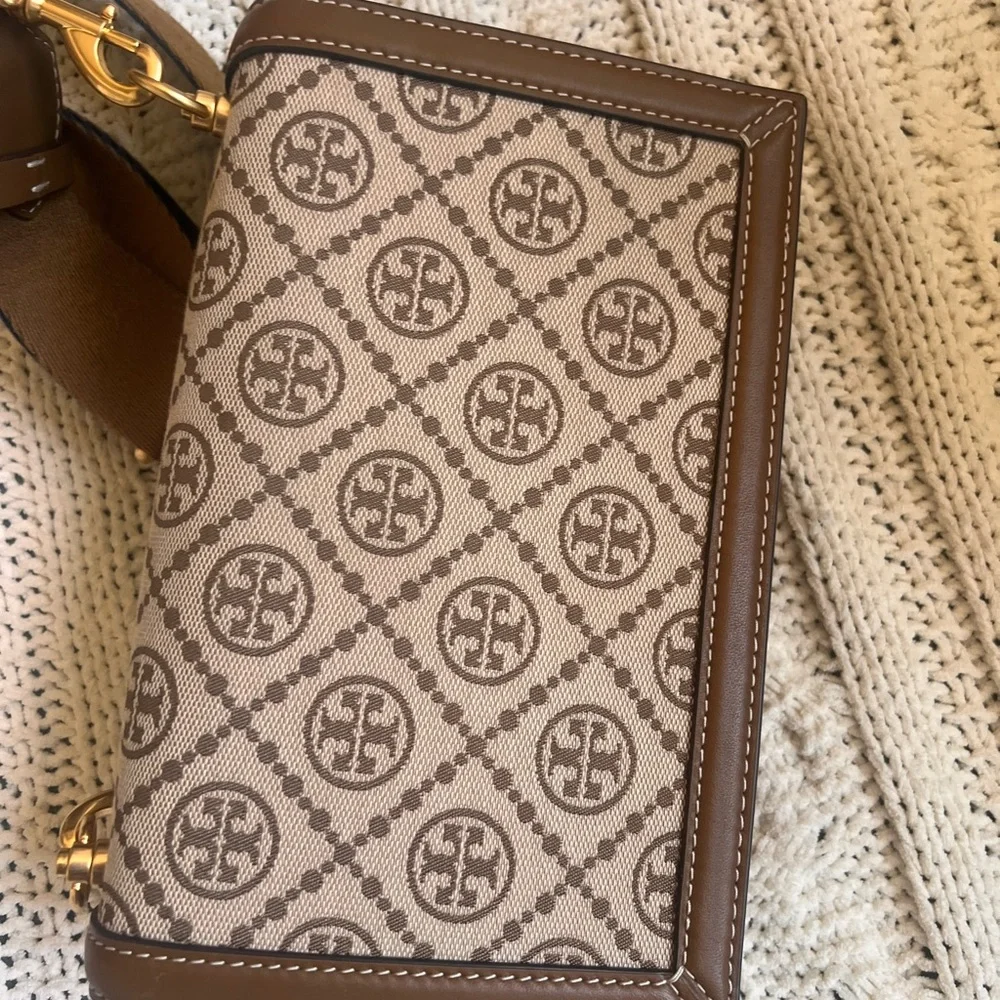 Tory Burch Beige Logo Canvas Crossbody with Brown Trim and Navy Strap